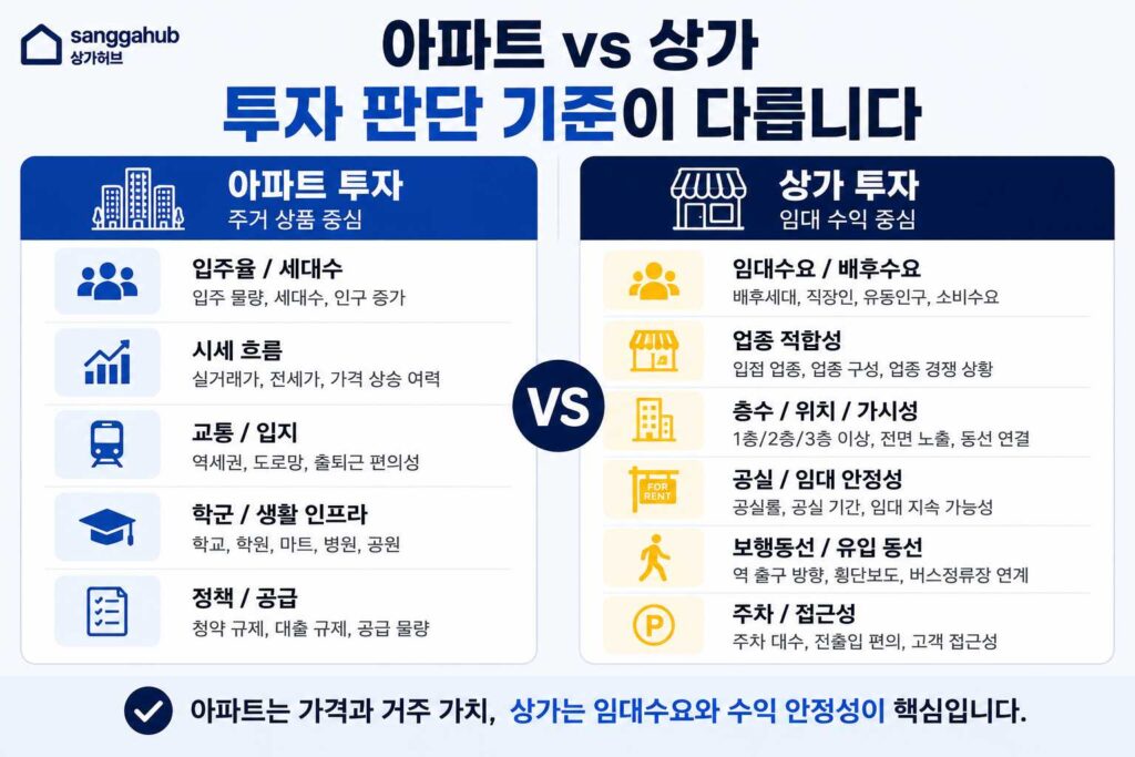 아파트 vs 상가 투자 판단 기준 비교
